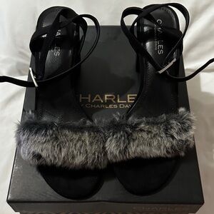 Charles David Black Fur Heeled Sandals